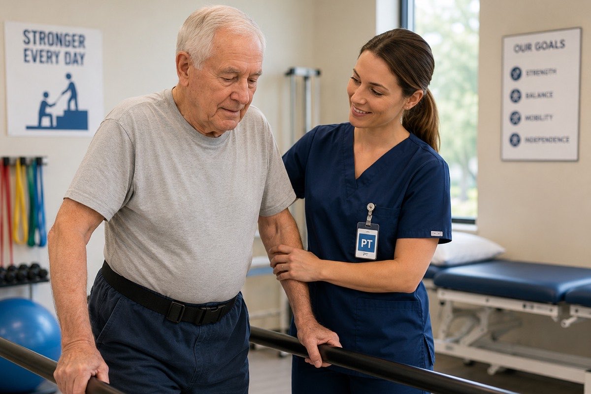 A physical therapist steadying an older man as he walks with support at parallel bars