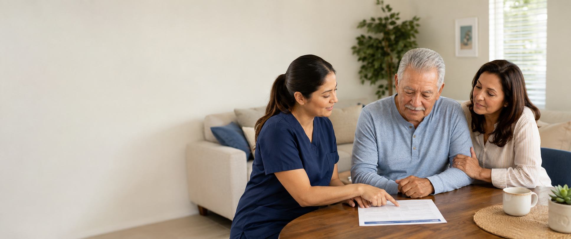 A home health nurse reviews a care plan with an older adult and family caregiver at home.