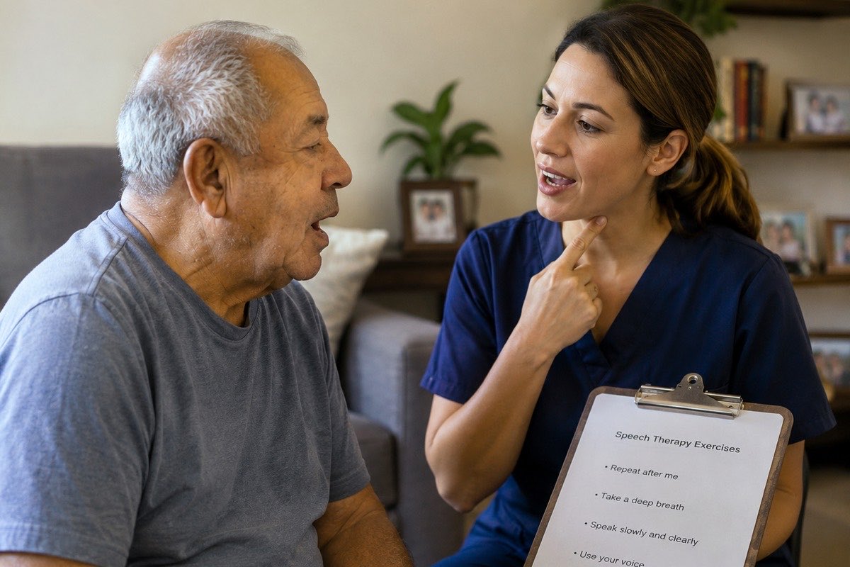 A speech-language professional guiding an older man through speaking exercises at home, holding a printed exercise sheet
