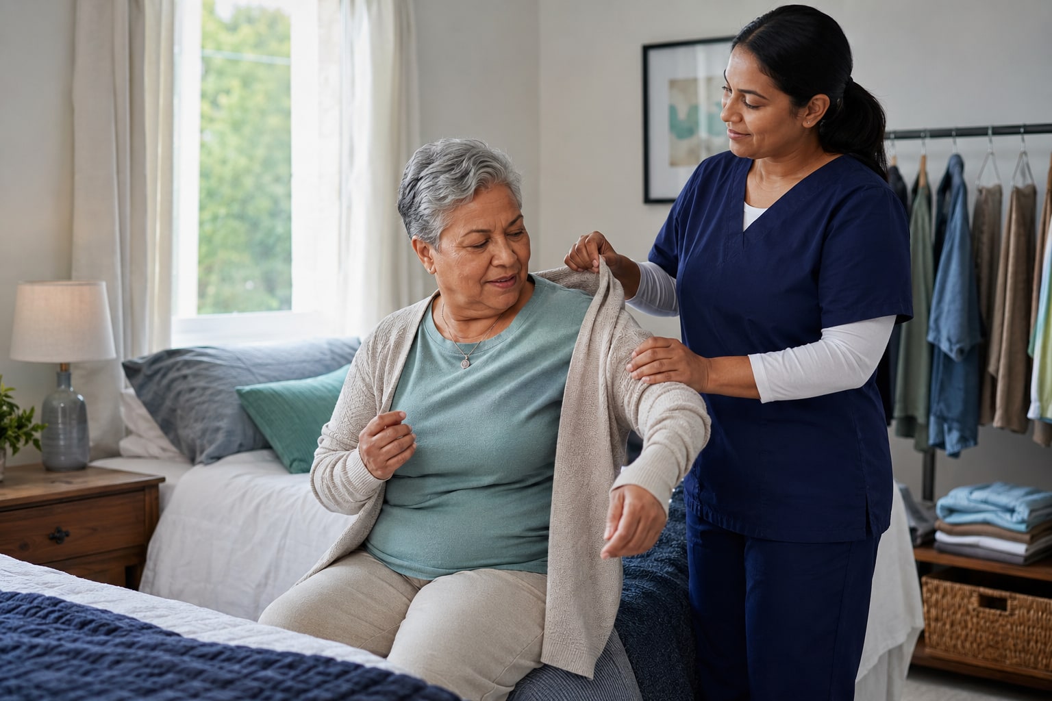 A home health aide steadying an older man by the arm as he stands from a chair in his living room.