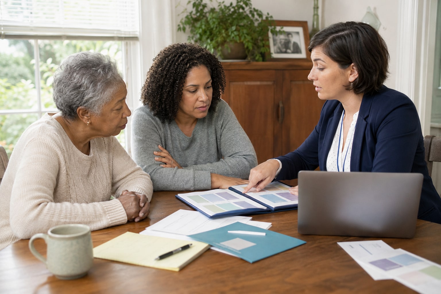 A medical social worker sitting at a dining table with an older adult and a family caregiver, reviewing care information together.
