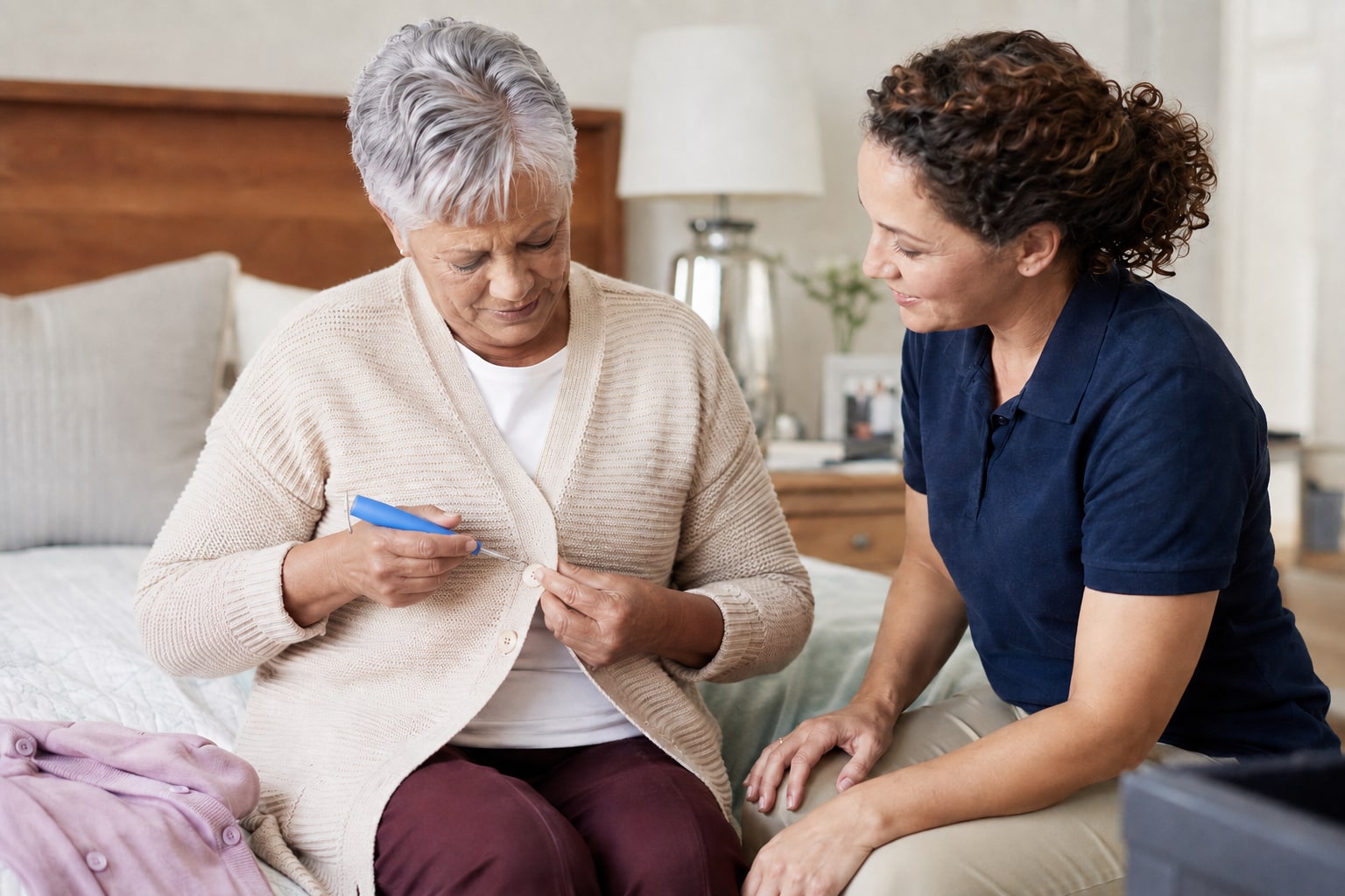 An occupational therapist guiding an older woman as she practises an everyday task at her kitchen counter.