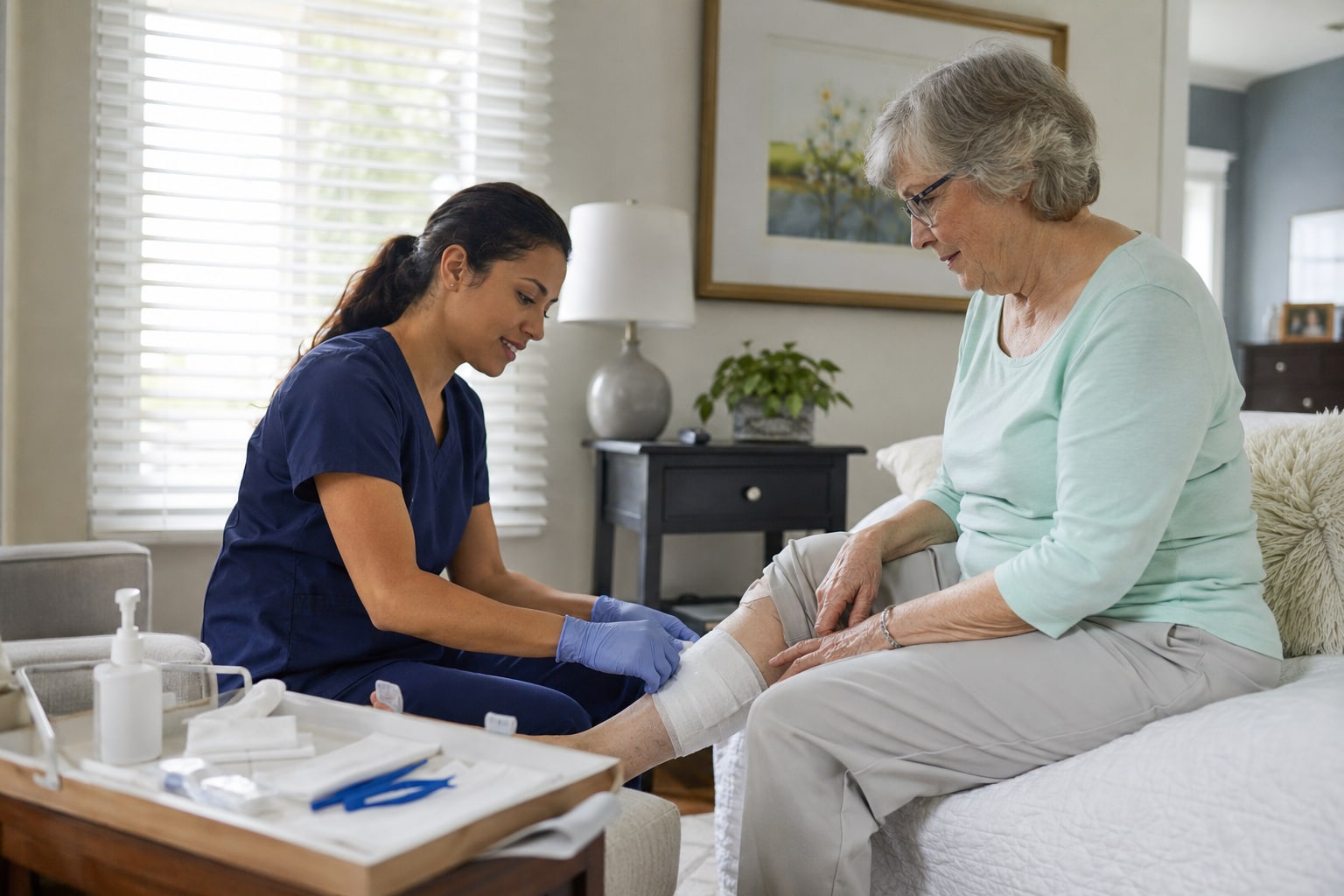 A nurse in gloves applying a clean dressing to an older adult's lower leg at home, with the wound covered.
