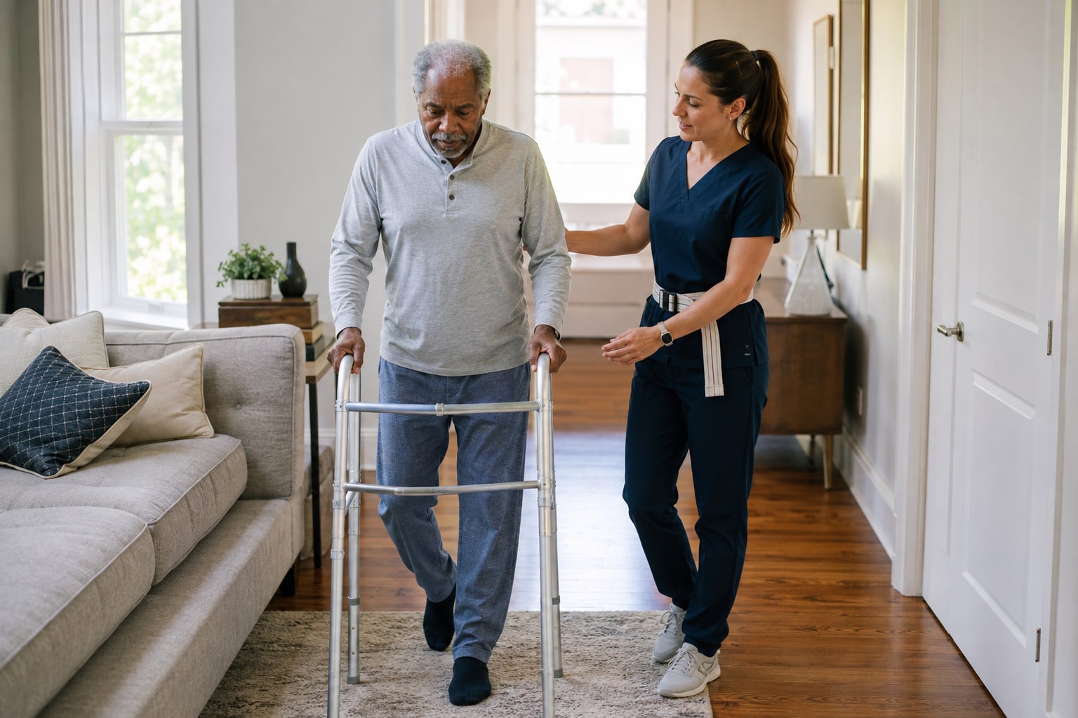 A physical therapist steadying an older man as he walks with a wheeled walker along a hallway in his home.
