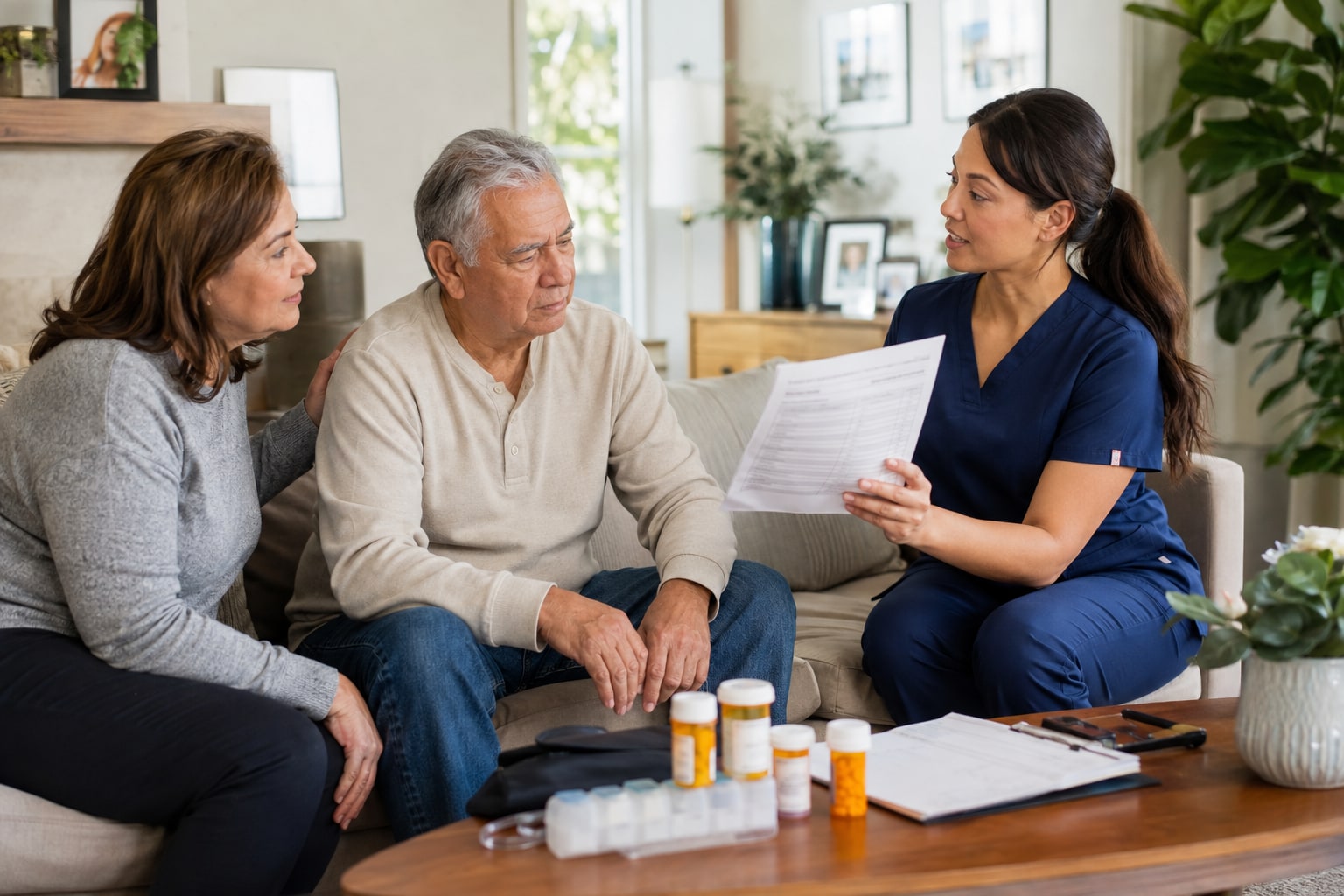 A home health nurse checking an older woman's blood pressure in her living room while an adult family member listens.