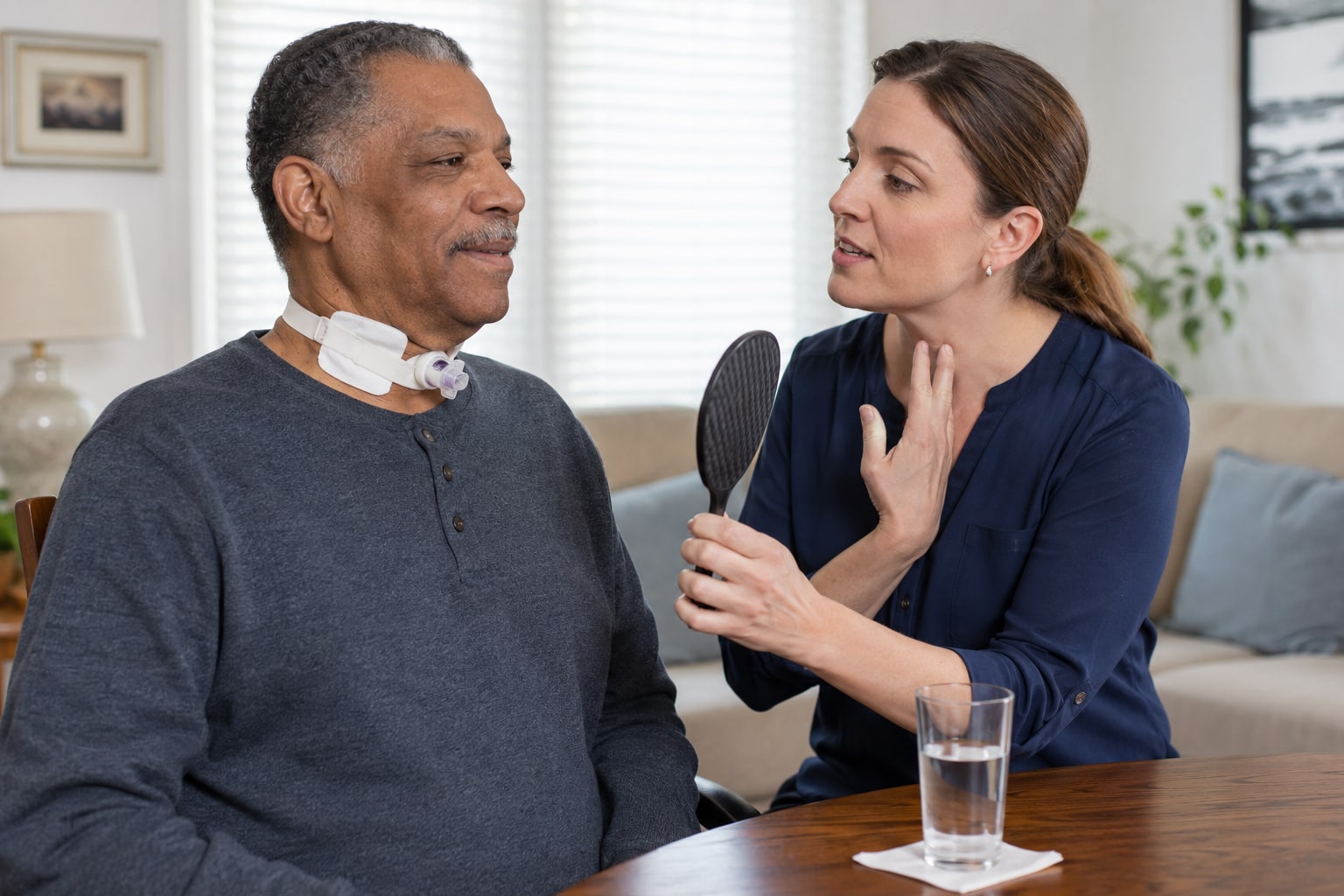 A speech-language pathologist seated across from an older man at his dining table, guiding him through speech practice.
